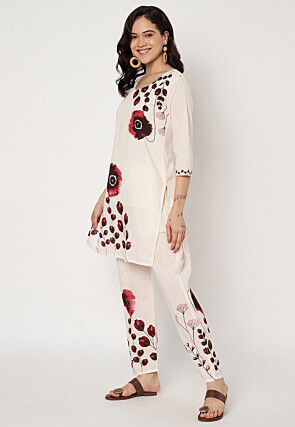 Digital Printed Cotton Straight Kurti Set in Off White