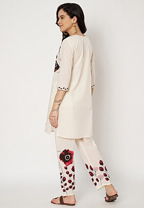 Digital Printed Cotton Straight Kurti Set in Off White