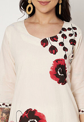 Digital Printed Cotton Straight Kurti Set in Off White