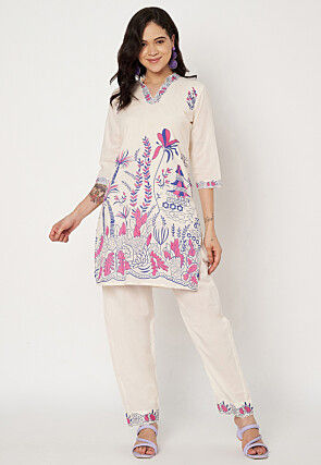 Digital Printed Cotton Straight Kurti Set in Off White