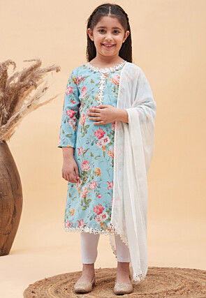 Digital Printed Cotton Straight Suit in Light Blue