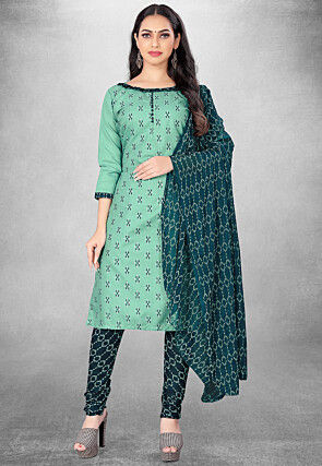 Digital Printed Cotton Straight Suit in Sea Green