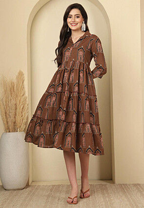 Digital Printed Cotton Tiered Dress in Brown