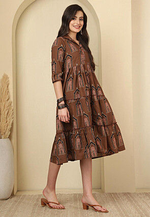 Digital Printed Cotton Tiered Dress in Brown