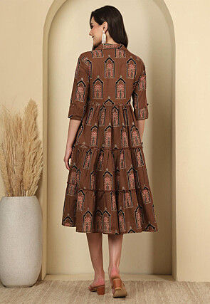 Digital Printed Cotton Tiered Dress in Brown
