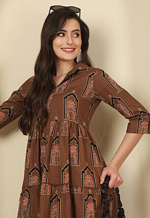 Digital Printed Cotton Tiered Dress in Brown