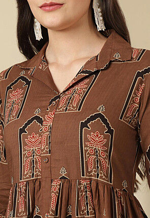 Digital Printed Cotton Tiered Dress in Brown
