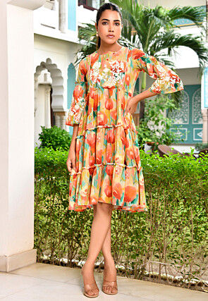 Digital Printed Cotton Tiered Dress in Multicolor
