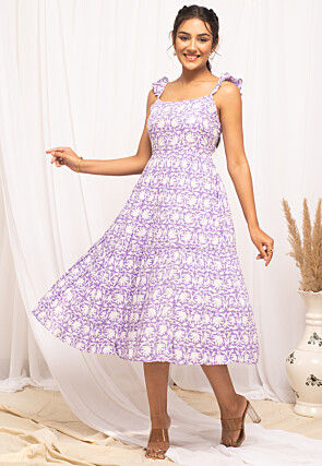 Digital Printed Cotton Tiered Dress in Purple