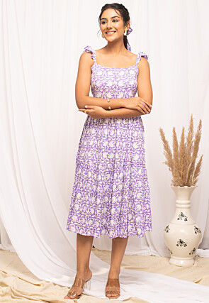Digital Printed Cotton Tiered Dress in Purple