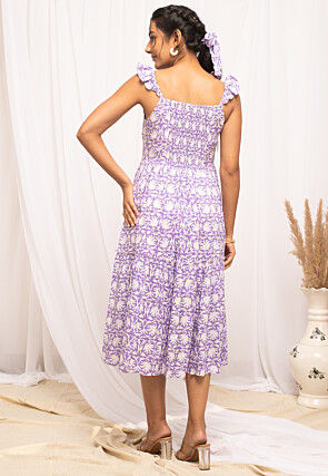 Digital Printed Cotton Tiered Dress in Purple