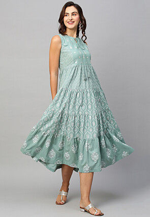 Digital Printed Cotton Tiered Dress in Sea Green