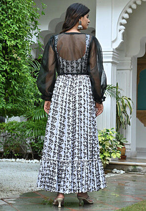 Digital Printed Cotton Tiered Long Dress in Off White