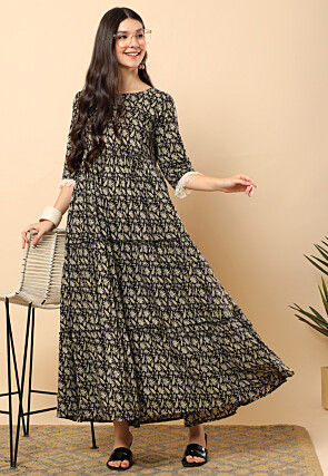 Digital Printed Cotton Tiered Maxi Dress in Black