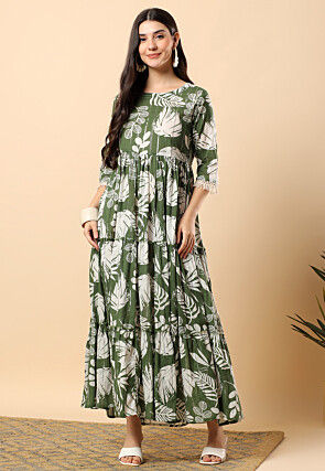 Digital Printed Cotton Tiered Maxi Dress in Dusty Green