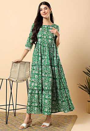 Digital Printed Cotton Tiered Maxi Dress in Green