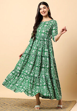 Digital Printed Cotton Tiered Maxi Dress in Green
