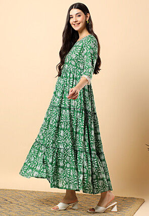 Digital Printed Cotton Tiered Maxi Dress in Green