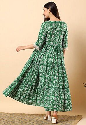 Digital Printed Cotton Tiered Maxi Dress in Green