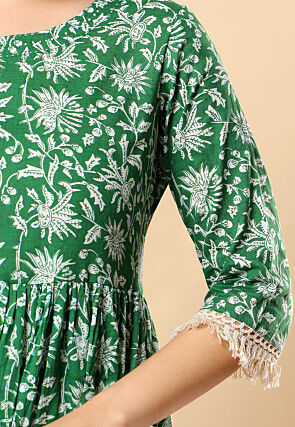 Digital Printed Cotton Tiered Maxi Dress in Green