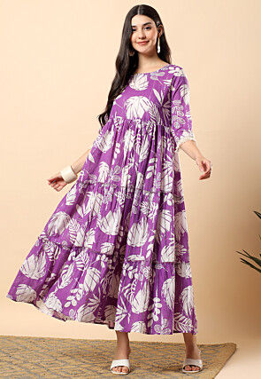 Digital Printed Cotton Tiered Maxi Dress in Purple