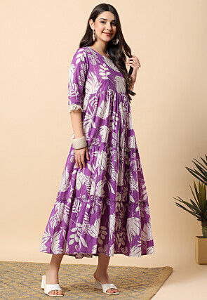 Digital Printed Cotton Tiered Maxi Dress in Purple