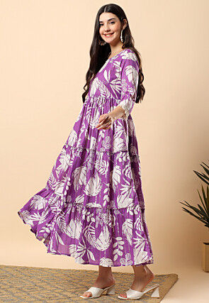 Digital Printed Cotton Tiered Maxi Dress in Purple