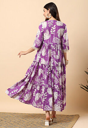 Digital Printed Cotton Tiered Maxi Dress in Purple