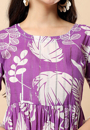 Digital Printed Cotton Tiered Maxi Dress in Purple