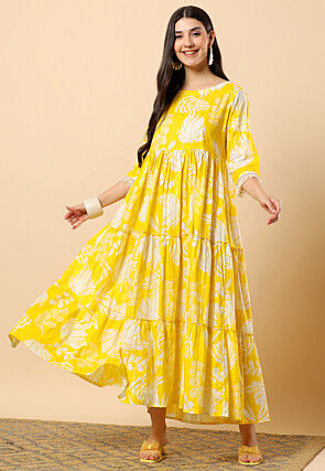 Digital Printed Cotton Tiered Maxi Dress in Yellow