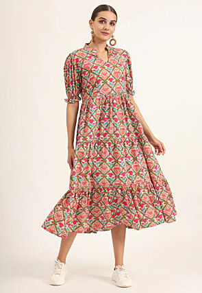 Digital Printed Cotton Tiered Midi Dress in Multicolor