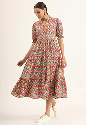 Digital Printed Cotton Tiered Midi Dress in Multicolor
