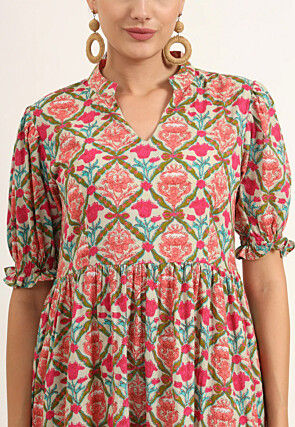Digital Printed Cotton Tiered Midi Dress in Multicolor