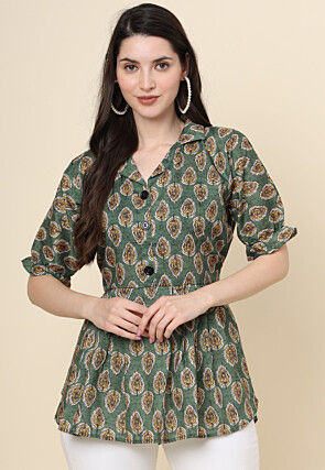 Digital Printed Cotton Top in Dark Green