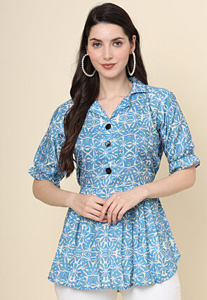 Digital Printed Cotton Top in Sky Blue