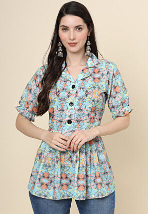 Digital Printed Cotton Top in Teal Blue