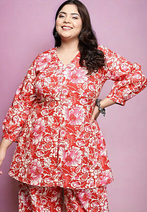 Digital Printed Cotton Tunic in Red