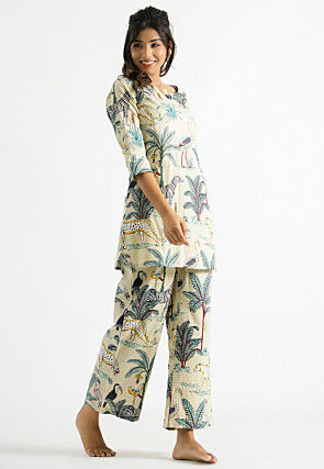 Digital Printed Cotton Co Ord Set in Light Beige