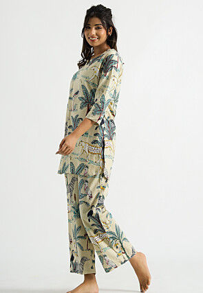 Digital Printed Cotton Co Ord Set in Light Beige