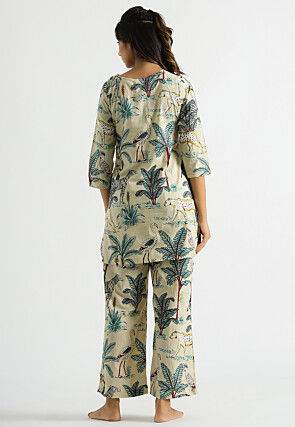 Digital Printed Cotton Co Ord Set in Light Beige
