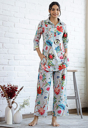 Digital Printed Cotton Co Ord Set in Light Grey