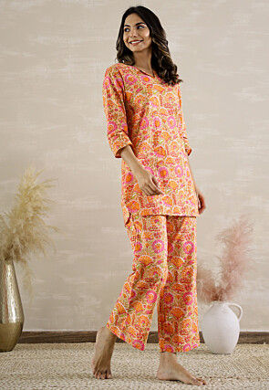 Digital Printed Cotton Co Ord Set in Light Orange