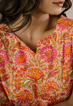 Digital Printed Cotton Co Ord Set in Light Orange