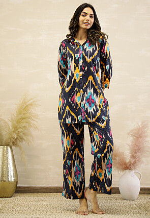 Digital Printed Cotton Co Ord Set in Navy Blue