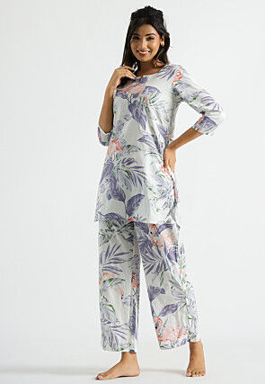 Digital Printed Cotton Co Ord Set in Off White