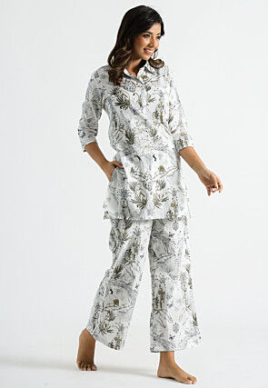 Digital Printed Cotton Co Ord Set in Off White