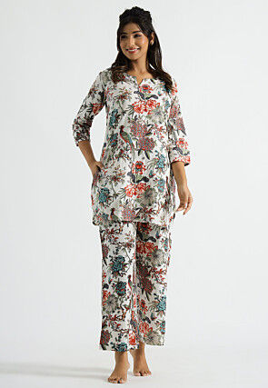 Digital Printed Cotton Co Ord Set in Off White