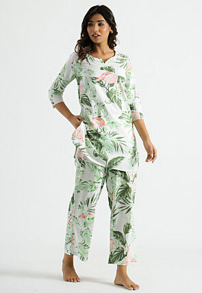 Digital Printed Cotton Co Ord Set in White