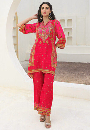 Digital Printed Crepe A Line Kurta Set in Coral Pink