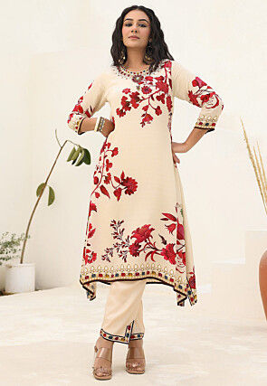 Digital Printed Crepe A Line Kurta Set in Cream